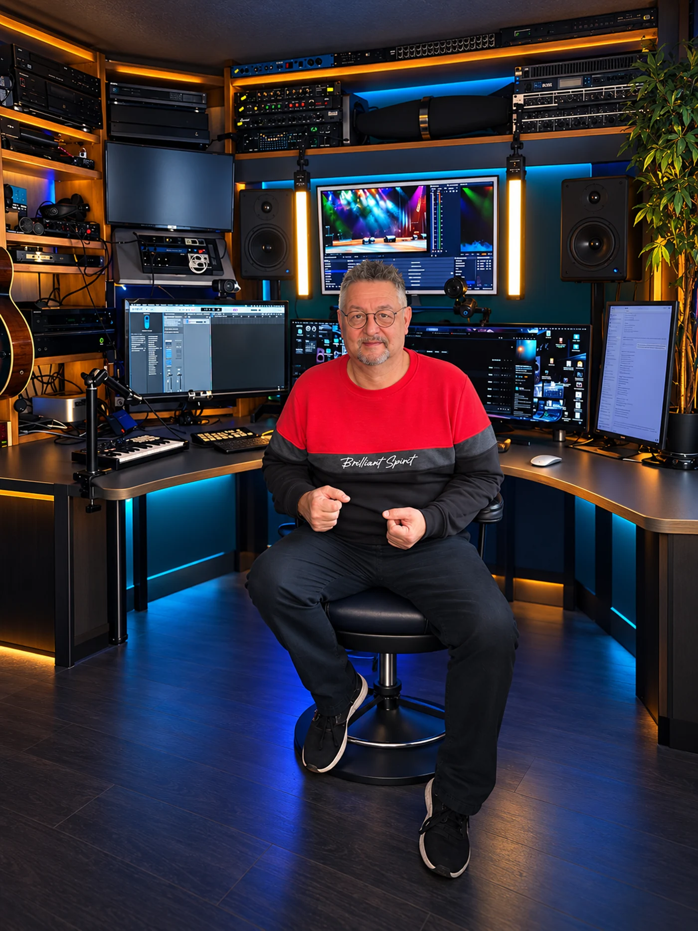 Mike Stilz in seinem aufgeräumten Kreativraum mit Audio-, Video- und Produktionsarbeitsplätzen