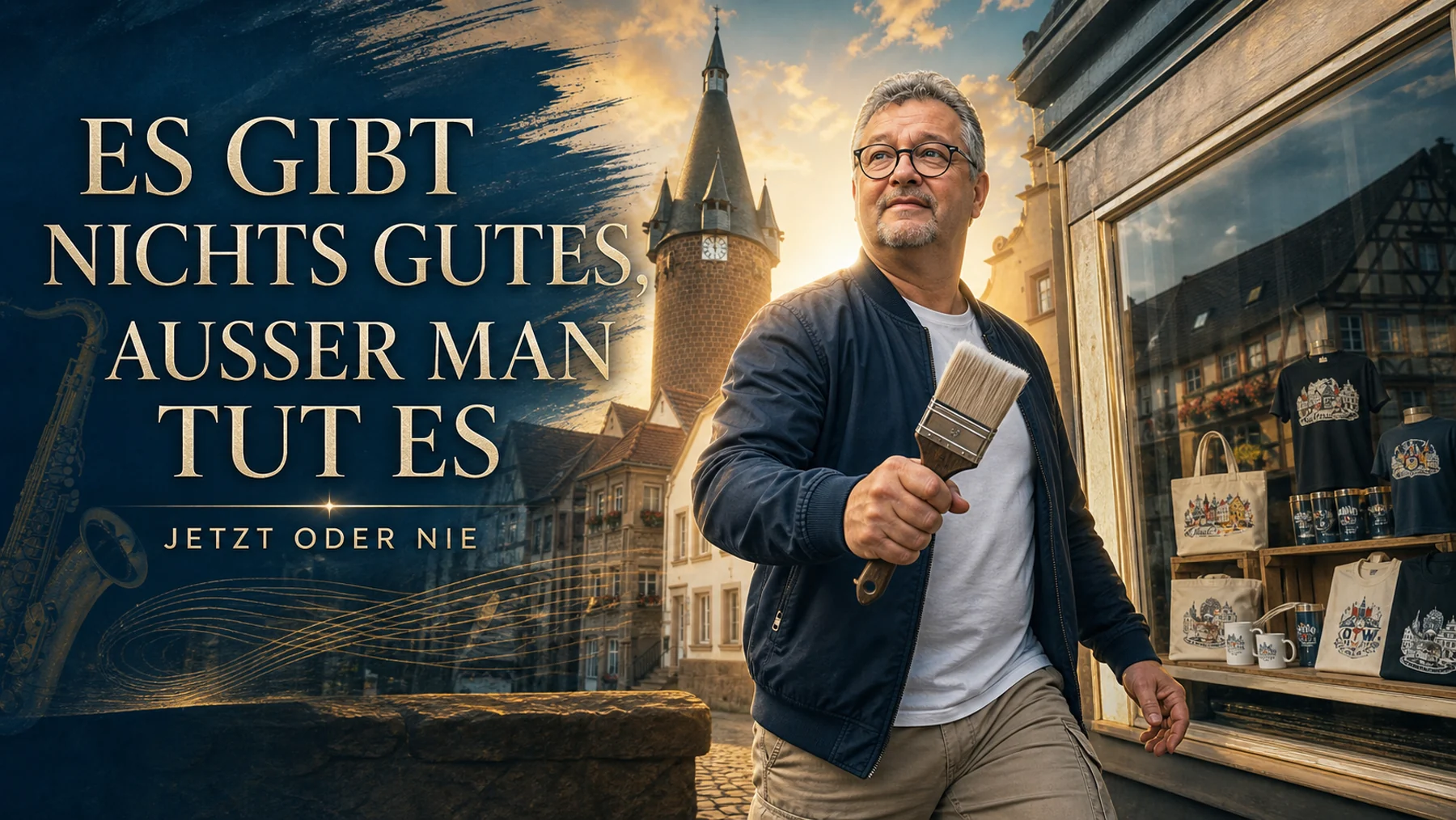 Mike Stilz vor der Ottweiler Altstadt mit dem Leitsatz: Es gibt nichts Gutes, außer man tut es. Jetzt oder nie.